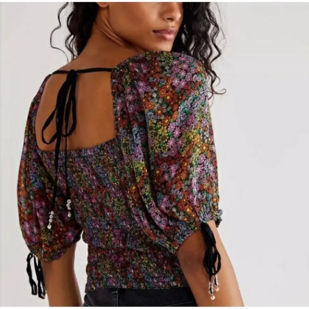NEW Free People Back On Top Smocked Puff Sleeve Cropped Blouse Black Combo Small